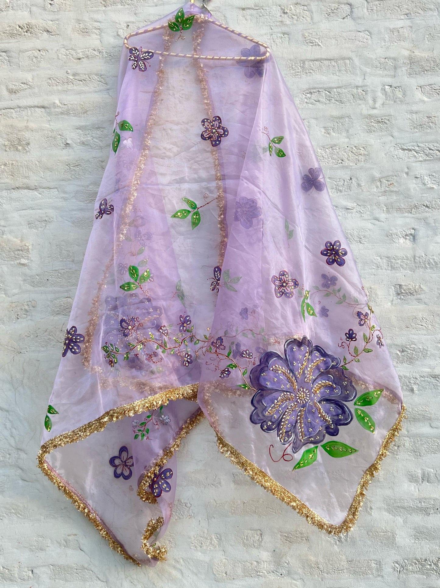 Lilac Raunak | Hand-Painted Embellished organza Dupatta| kalamnkora.com