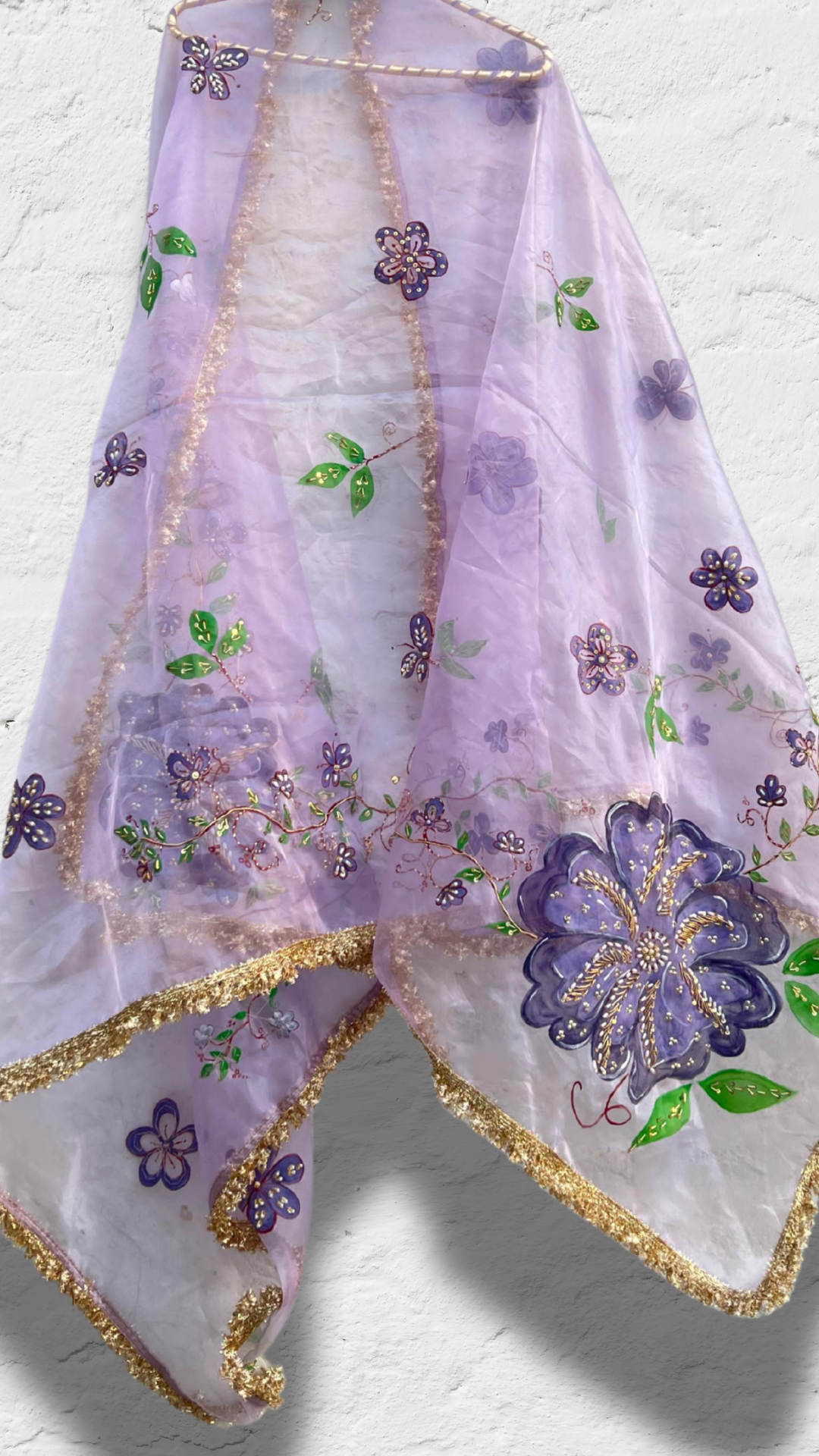 Lilac Raunak | Hand-Painted Embellished organza Dupatta| kalamnkora.com