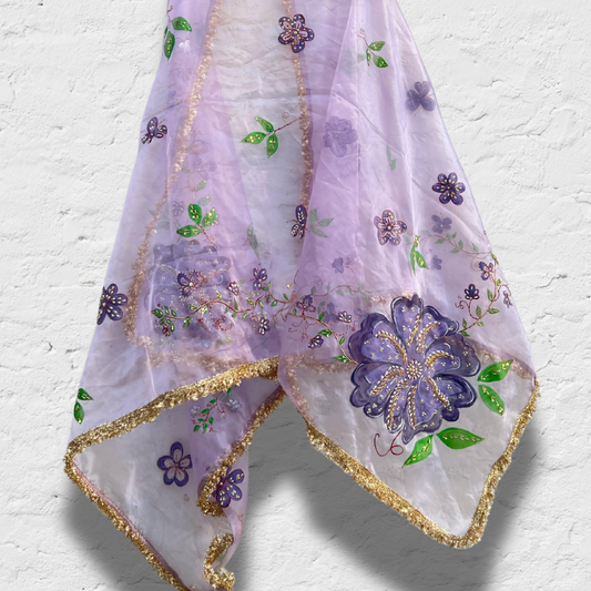 Lilac Raunak | Hand-Painted Embellished organza Dupatta| kalamnkora.com